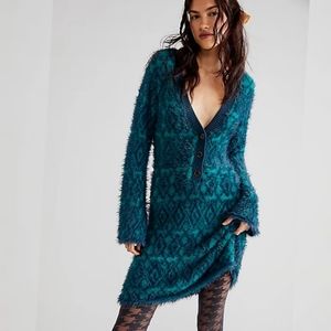 Free People Fuzzy Feelings Sweater Dress in a teal Aqua combo Large